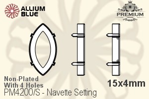 PREMIUM Navette 石座, (PM4200/S), 縫い穴付き, 15x4mm, メッキなし 真鍮