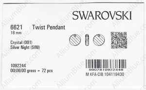 SWAROVSKI 6621 18MM CRYSTAL SILVNIGHT factory pack